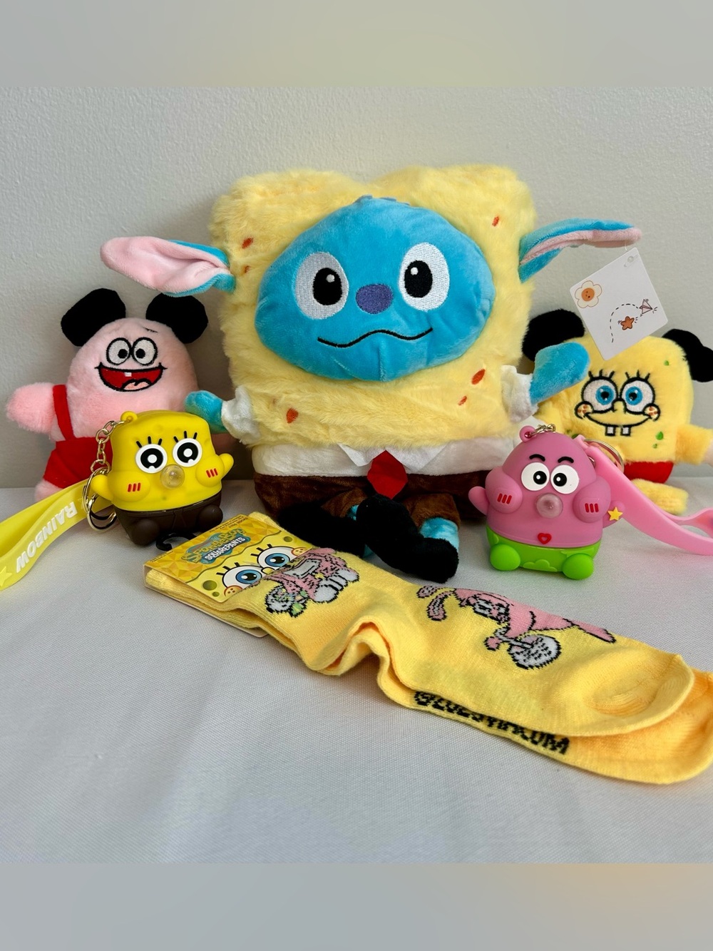 SpongeBob Stitch plush, SpongeBob and Patrick keychains and socks